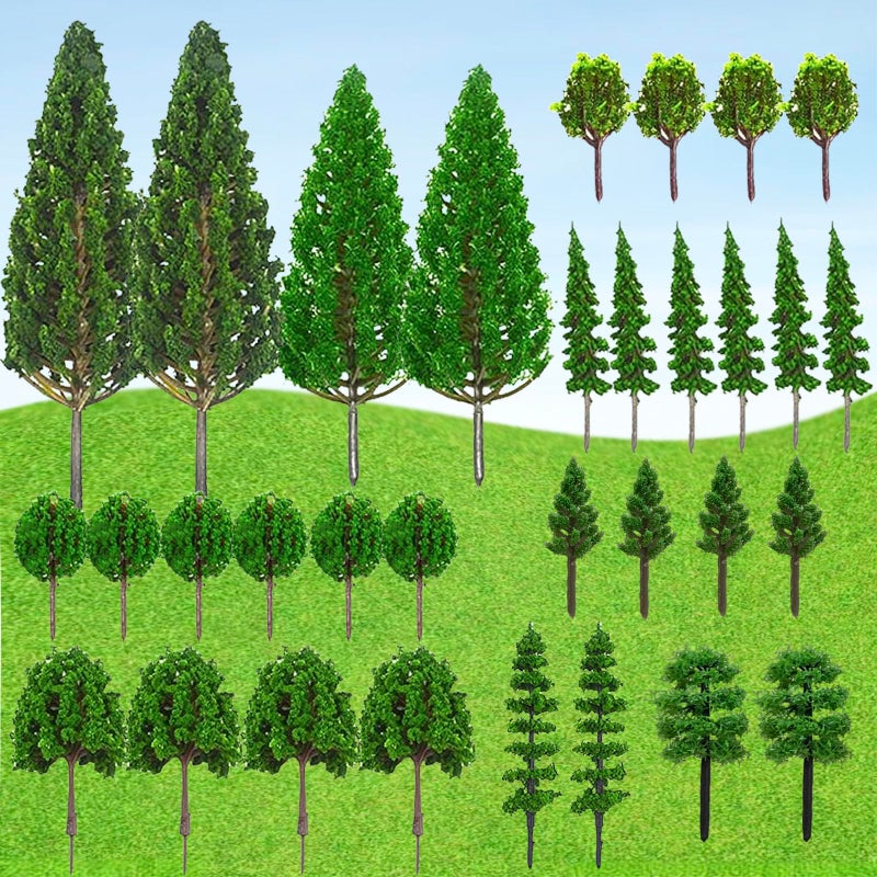 SONICEBUY 32PCS Model Trees Mixed Miniature Trees Model Tree Train Trees Railroad Scenery Diorama Tree Architecture Trees Fake Trees for Building Model DIY Crafts Diorama Scenery Landscape, Natural Green - Image 1