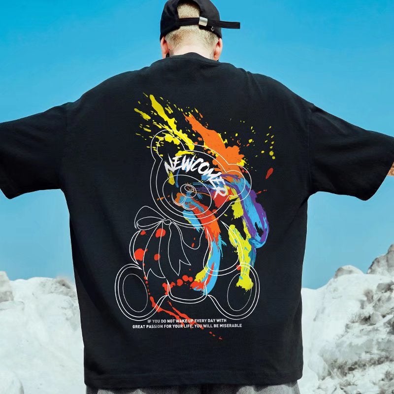 T18 polyester printed short sleeve T-shirt M-8XL Hong Kong style oversize European and American hip hop T-shirt plus size half sleeve fashion - Image 2
