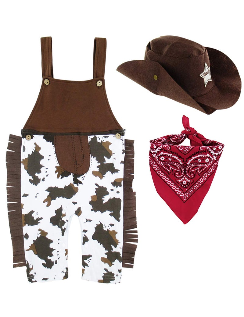 A&J DESIGN Halloween Baby Boys' Western Cowboy Romper Sets With Scarf And Hat (12-18 Months, Brown) - Image 1