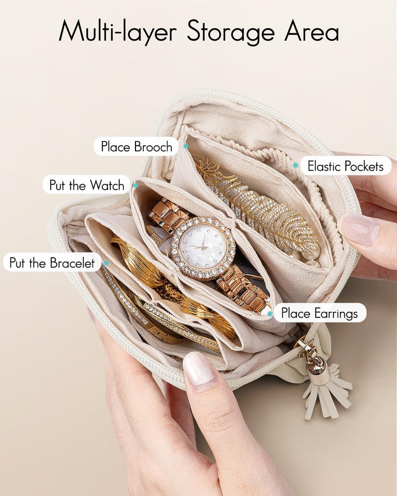 VLANDO Small Travel Jewelry Case,Mothers Day Gifts,Jewelry Pouch Bags with Zipper,Velvet Jewelry Organizer Storage Bag for Bracelet Rings Earring-Cream White - Image 2