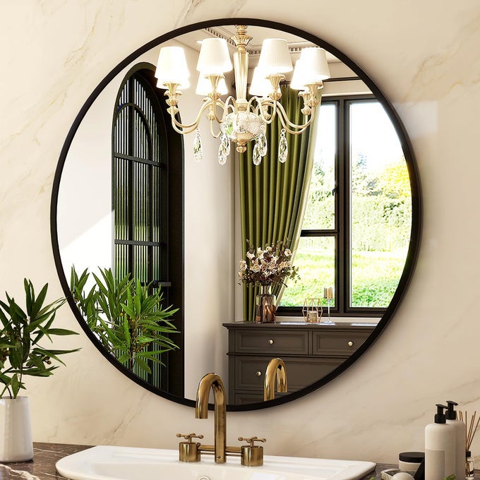 ROUND MIRROR 196 BLACK WALL MOUNTED CIRCLE MIRRORS VANITY MIRROR WITH BRUSHED ALUMINUM ALLOY FRAME MODERN DECORATION FOR BATHROOM LIVING ROOM VANITY BEDROOM ENTRYWAY
