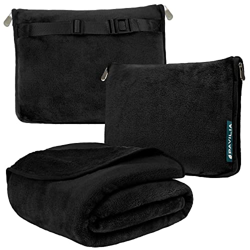 PAVILIA PAVILIA Travel Blanket Pillow Soft Airplane Blanket 2in1 Combo Set Plane Blanket Compact Packable Flight Essentials Car Pillow Travelers Gifts Accessories Luggage Backpack Strap 60x43 Black 