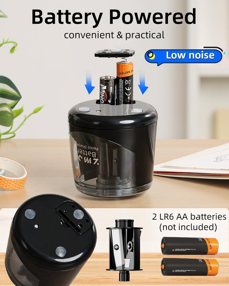 Zmol Battery Powered Electric Pencil Sharpener,Small Battery Operated Colored Pencil Sharpeners Portable for Kids,Fast Sharpen, Suitable for No.2/Colored (6-8mm), School/Classroom/Office/Home Black - Image 4