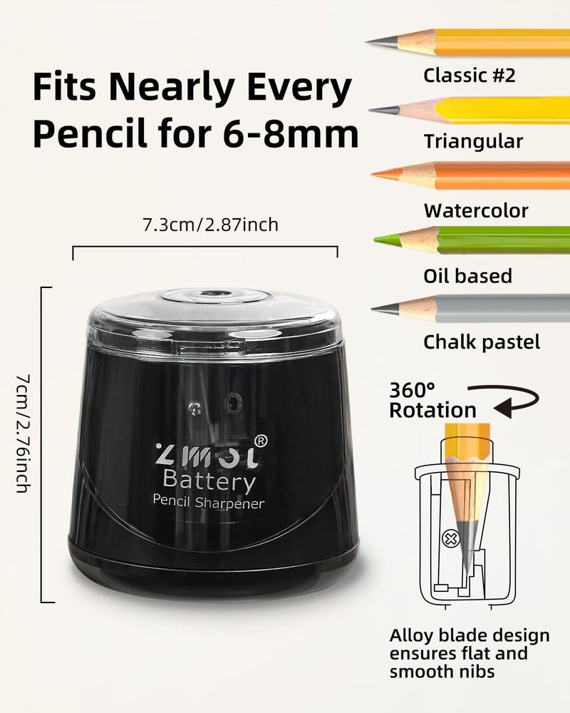 Zmol Battery Powered Electric Pencil Sharpener,Small Battery Operated Colored Pencil Sharpeners Portable for Kids,Fast Sharpen, Suitable for No.2/Colored (6-8mm), School/Classroom/Office/Home Black - Image 3