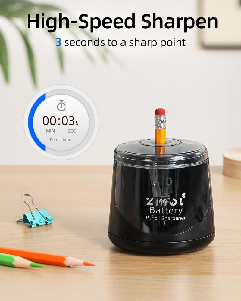 Zmol Battery Powered Electric Pencil Sharpener,Small Battery Operated Colored Pencil Sharpeners Portable for Kids,Fast Sharpen, Suitable for No.2/Colored (6-8mm), School/Classroom/Office/Home Black - Image 5