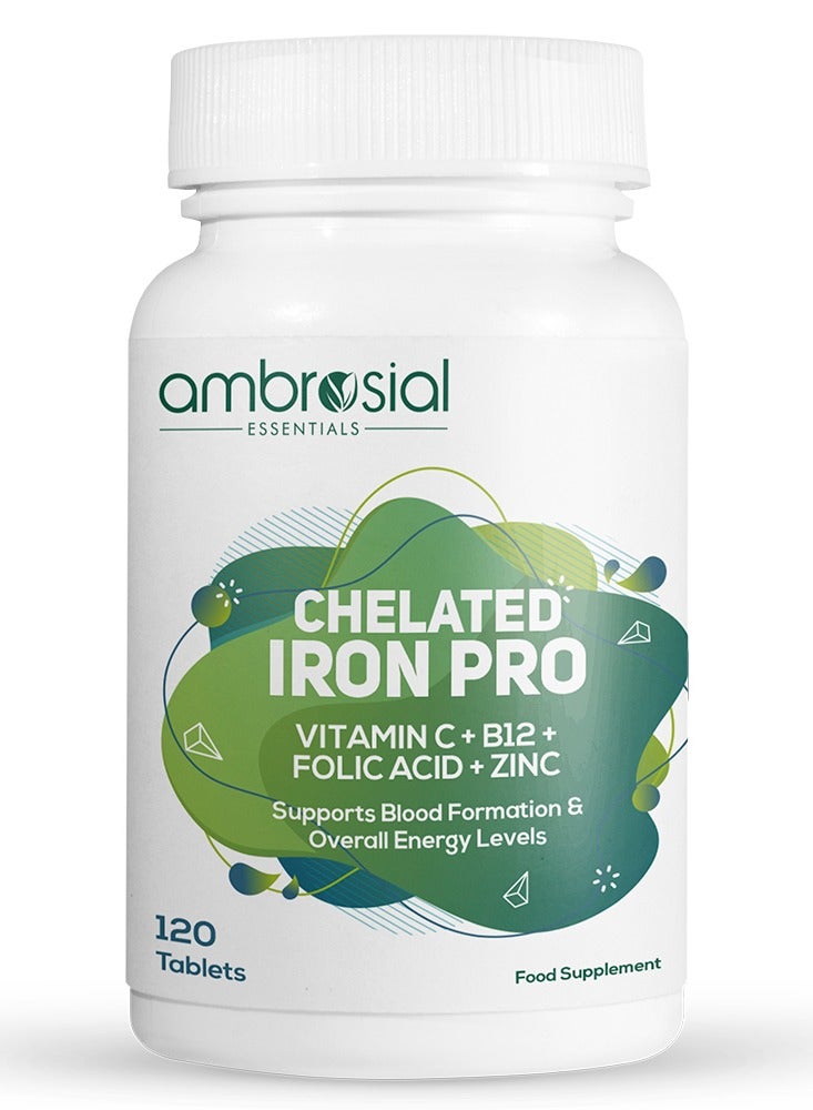 Ambrosial Chelated Iron Pro with Vitamin C, B12, Folic Acid & Zinc – Gentle on Stomach | Iron Supplement for Daily Use | 120 Veg Tablets - Image 1
