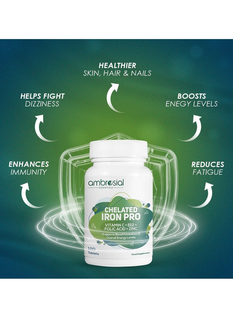 Ambrosial Chelated Iron Pro with Vitamin C, B12, Folic Acid & Zinc – Gentle on Stomach | Iron Supplement for Daily Use | 120 Veg Tablets - Image 2