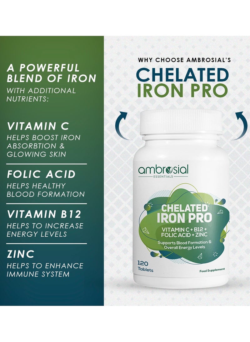 Ambrosial Chelated Iron Pro with Vitamin C, B12, Folic Acid & Zinc – Gentle on Stomach | Iron Supplement for Daily Use | 120 Veg Tablets - Image 3