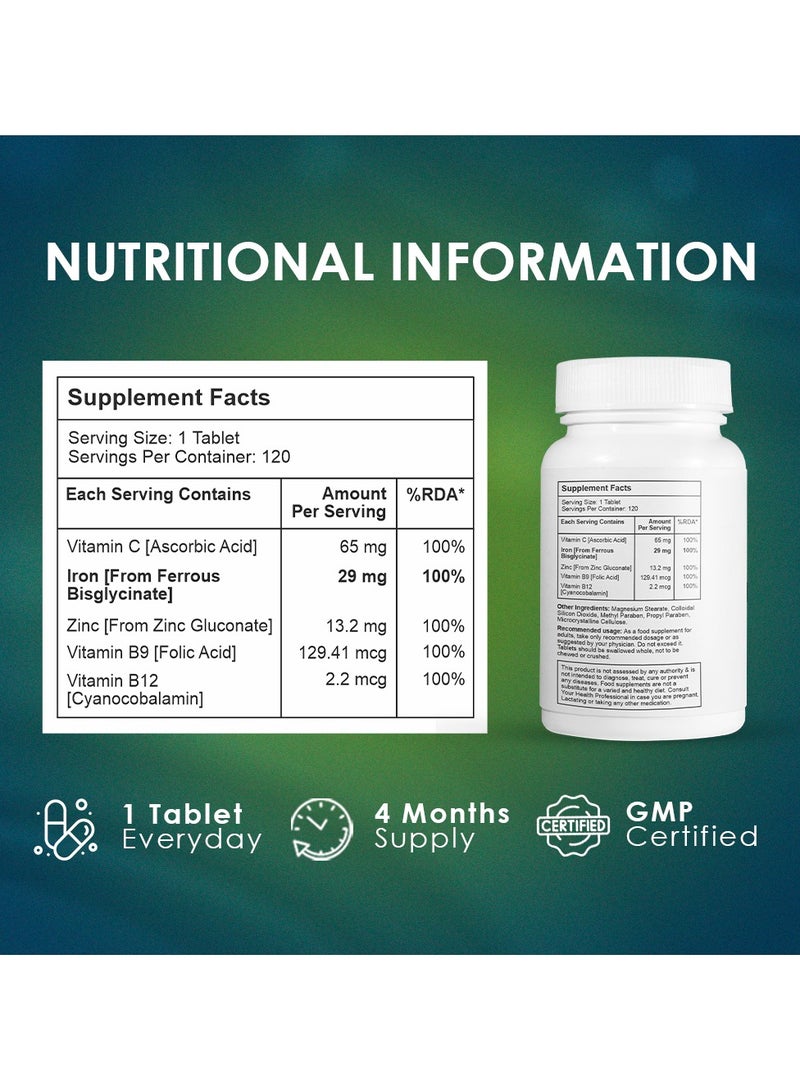 Ambrosial Chelated Iron Pro with Vitamin C, B12, Folic Acid & Zinc – Gentle on Stomach | Iron Supplement for Daily Use | 120 Veg Tablets - Image 5