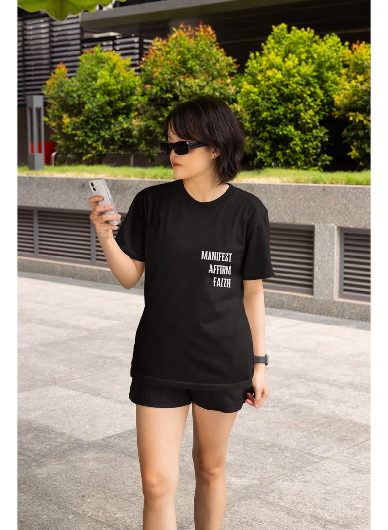 Anch & Pasax Manifest. Affirm. Faith. – Black T-Shirt for Men & Women | Available in Regular Fit | Minimal Motivational Graphic Print | 100% Premium Ringspun Cotton | Designed in UAE | 200 GSM | Soft Feel | Breathable | Mood-Based Daily Wear | Casual Essential | Unisex Designs - Image 3
