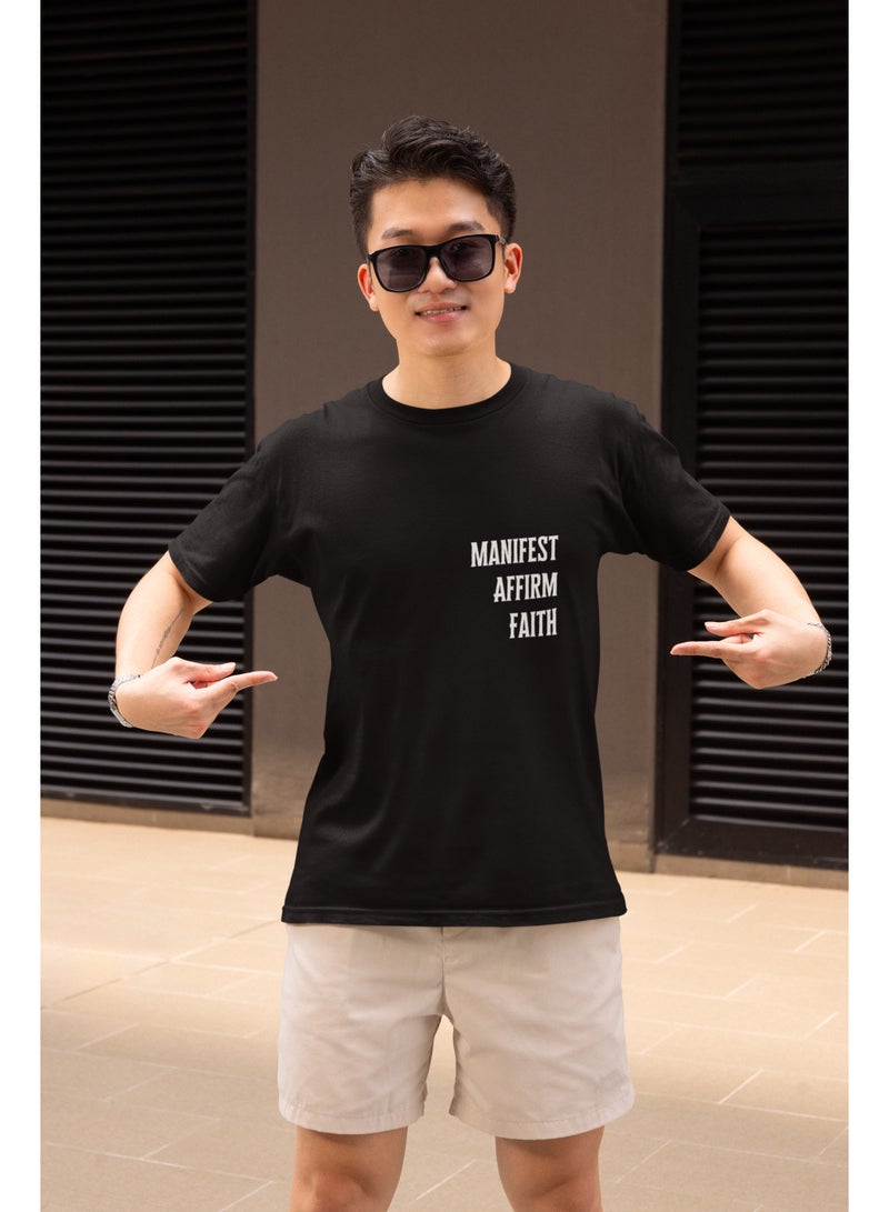 Anch & Pasax Manifest. Affirm. Faith. – Black T-Shirt for Men & Women | Available in Regular Fit | Minimal Motivational Graphic Print | 100% Premium Ringspun Cotton | Designed in UAE | 200 GSM | Soft Feel | Breathable | Mood-Based Daily Wear | Casual Essential | Unisex Designs - Image 4