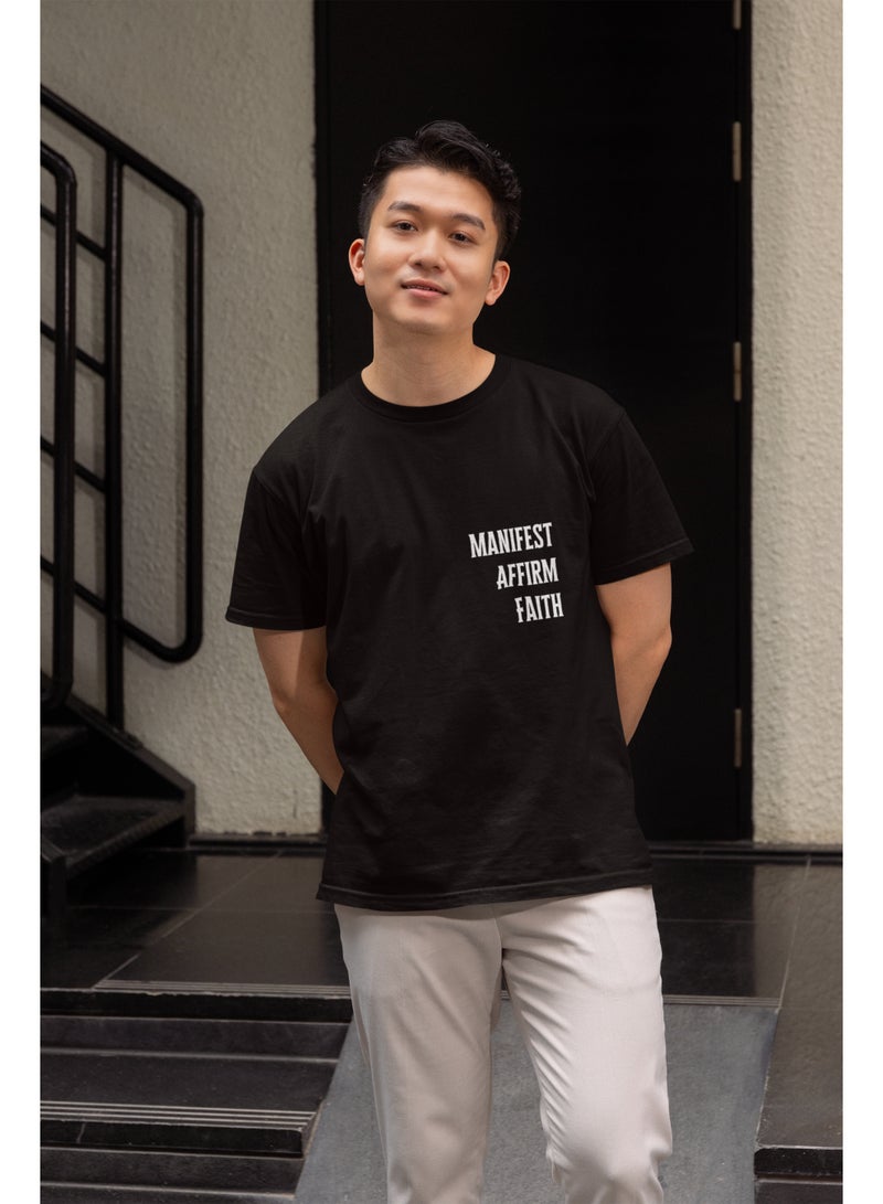 Anch & Pasax Manifest. Affirm. Faith. – Black T-Shirt for Men & Women | Available in Regular Fit | Minimal Motivational Graphic Print | 100% Premium Ringspun Cotton | Designed in UAE | 200 GSM | Soft Feel | Breathable | Mood-Based Daily Wear | Casual Essential | Unisex Designs - Image 5