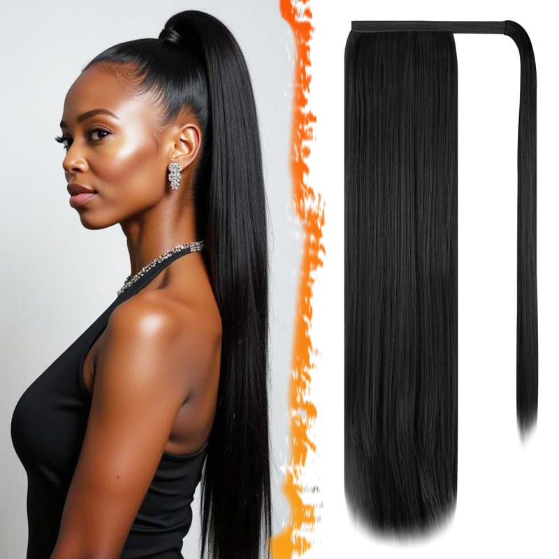 BARSDAR Black Straight Wrap Ponytail Extension  28 Inch Long Straight Wrap Around Ponytail for Women Clip in Ponytails Hair Extensions Synthetic Black Pony Tails Hairpieces Daily