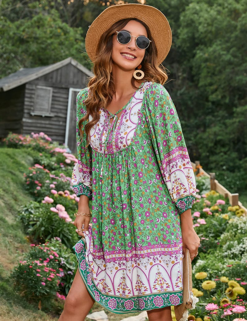 Bluetime Women Casual Summer Dress Boho V Neck 3/4 Sleeve Babydoll Floral Print Flowy Beach Dress (XXL, Light Green) - Image 2