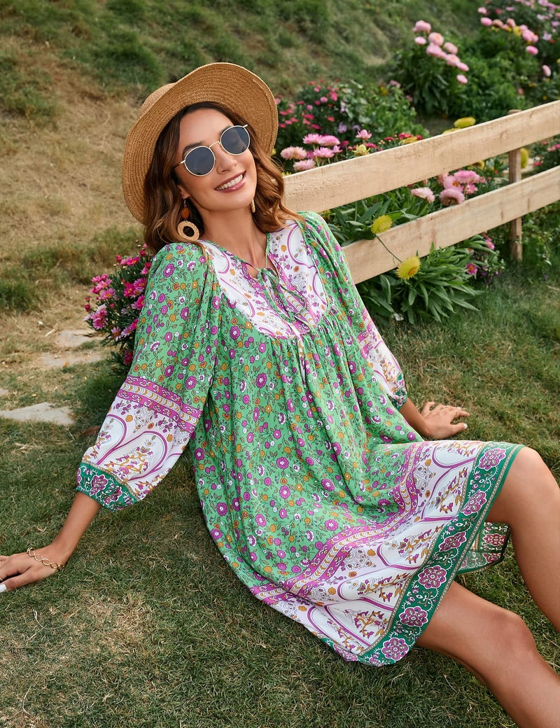 Bluetime Women Casual Summer Dress Boho V Neck 3/4 Sleeve Babydoll Floral Print Flowy Beach Dress (XXL, Light Green) - Image 4