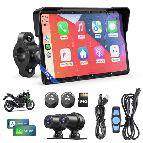 WonVon Motorcycle CarPlay Screen with Android Auto 7 Waterproof GPS Pantalla para Moto Apple CarPlay Navigation System for Motorcycle Dual 4K Dash Cam Bluetooth Audio BSD TPMS - Image 1