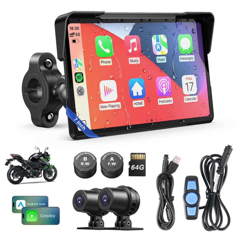 WonVon Motorcycle CarPlay Screen with Android Auto 7 Waterproof GPS Pantalla para Moto Apple CarPlay Navigation System for Motorcycle Dual 4K Dash Cam Bluetooth Audio BSD TPMS - Image 2
