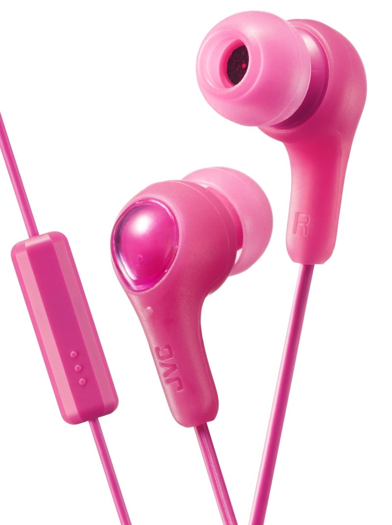 JVC PINK GUMY In ear earbuds with stay fit ear tips and MIC. Wired 3.3ft colored cord cable with headphone jack. Small, medium, and large ear tip earpieces included. JVC GUMY HAFX7MP - Image 1