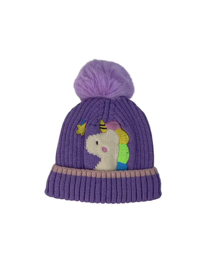 LITTLE SURPRISE BOX Purple Unicorn Pompom Winter Cap & matching Neck Muffler 2pcs Set