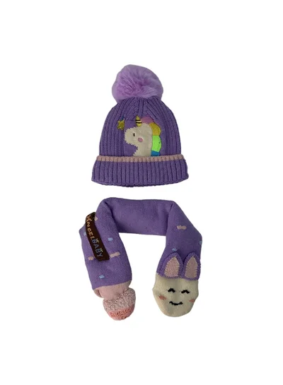 LITTLE SURPRISE BOX Purple Unicorn Pompom Winter Cap & matching Neck Muffler 2pcs Set