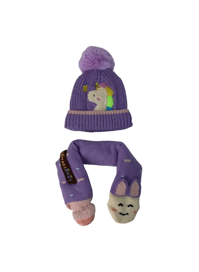LITTLE SURPRISE BOX Purple Unicorn Pompom Winter Cap & matching Neck Muffler 2pcs Set