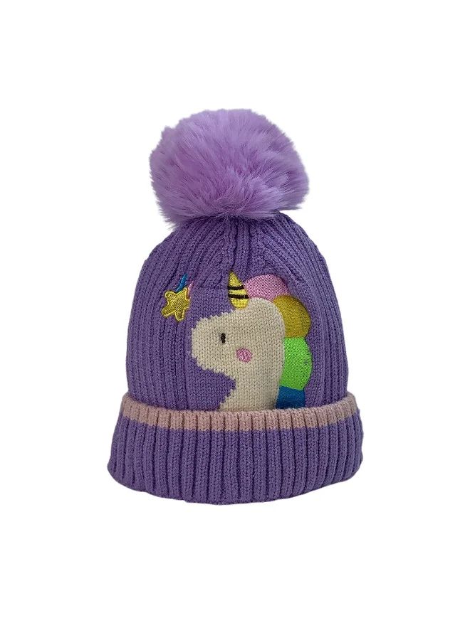 LITTLE SURPRISE BOX Purple Unicorn Pompom Winter Cap & matching Neck Muffler 2pcs Set