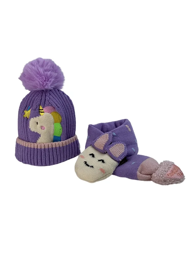 LITTLE SURPRISE BOX Purple Unicorn Pompom Winter Cap & matching Neck Muffler 2pcs Set3-8yrs