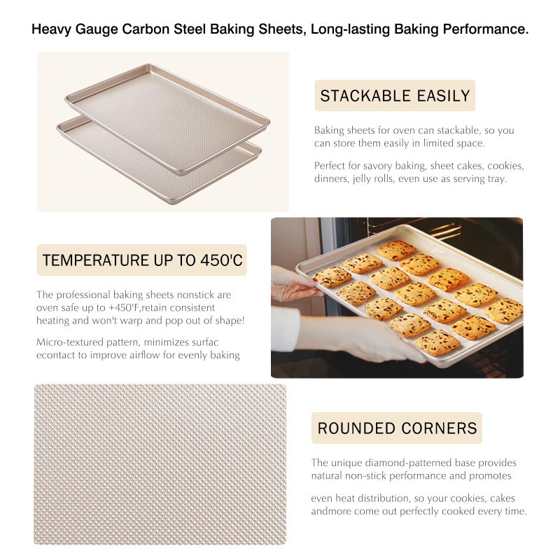 GIUOIDUO 2 Pack Half Sheet Baking Pans,Commercial Quality Baking Sheet Pan Set,Carbon Steel Cooking Pans, Non Stick Baking Sheet for Oven,Large Thick Cookie Tray Pans for Bakingï¼ˆ17.5 * 11.8 * 1inchï¼‰ - Image 2