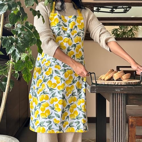 Oak & Lily Kitchen Linen Set | Apron with Heat Resistant, Cushioned Oven Mitts & Pot Holders | 100% Cotton | Washable | Gift for Cooking, Baking & Housewarming (Lemon Yellow Print) - Image 2
