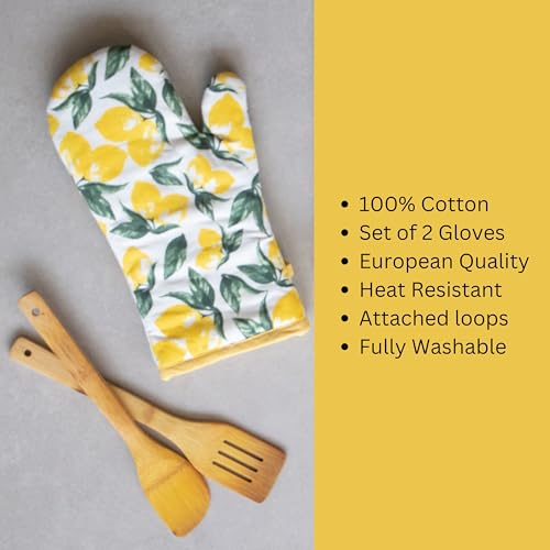 Oak & Lily Kitchen Linen Set | Apron with Heat Resistant, Cushioned Oven Mitts & Pot Holders | 100% Cotton | Washable | Gift for Cooking, Baking & Housewarming (Lemon Yellow Print) - Image 5