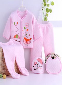 Eckek HeavyRain 5PCS Newborn Baby Boy Girl Cartoon Long Sleeve Tops+Hat+Pants +Bib Outfits Set  - Image 1