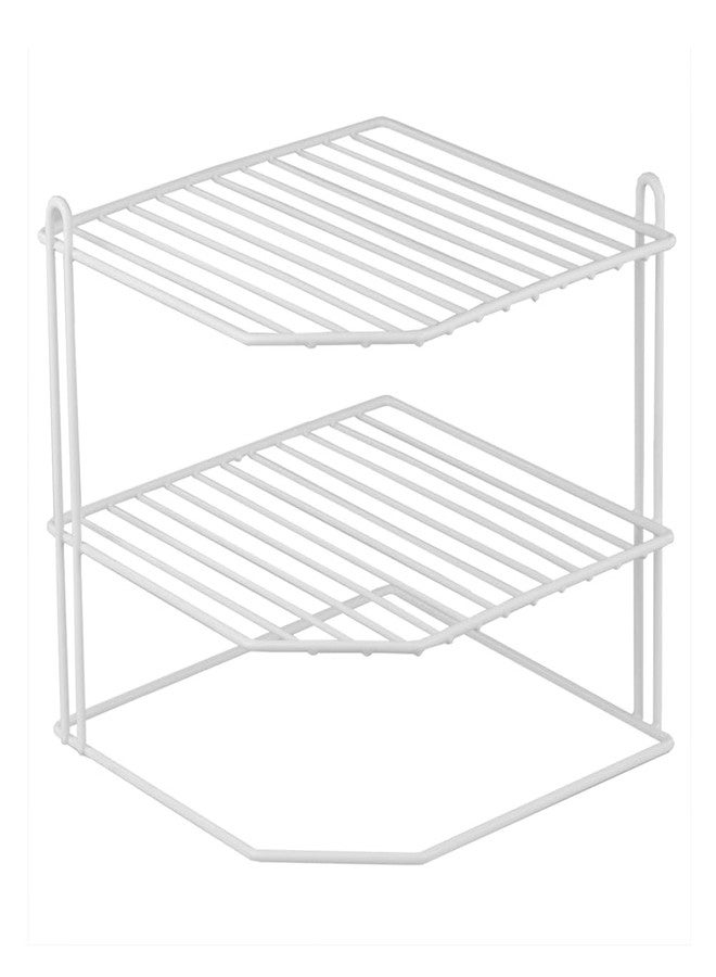 Home Basics Corner Rack, White, Vinyl Coated Steel, Rust Resistant, 2-Tier Shelf, Keeps Spices and Cups Organized, 9x9x8.5in - Image 1