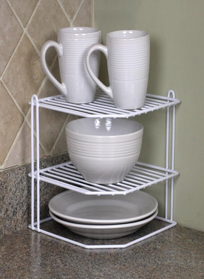 Home Basics Corner Rack, White, Vinyl Coated Steel, Rust Resistant, 2-Tier Shelf, Keeps Spices and Cups Organized, 9x9x8.5in - Image 4