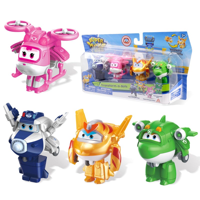 Super Wings 2" Transform-a-Bot 4-Pack, Supercharged Paul, Dizzy, Golden Boy, Mira, Airplane Toys Mini Action Figures, Preschool Toys for 3 4 5 Year Old Kids, Transformer Toys Birthday Gifts for Kids - Image 1