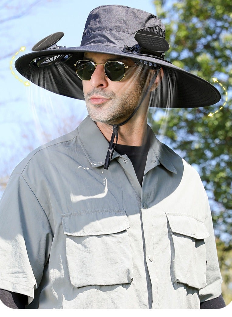 Generic Wide Brim Solar Fan Outdoor Fishing Hat,  USB & Solar Powered Fan Hat, Sun Hat  UPF 50+ Grey  - Image 1