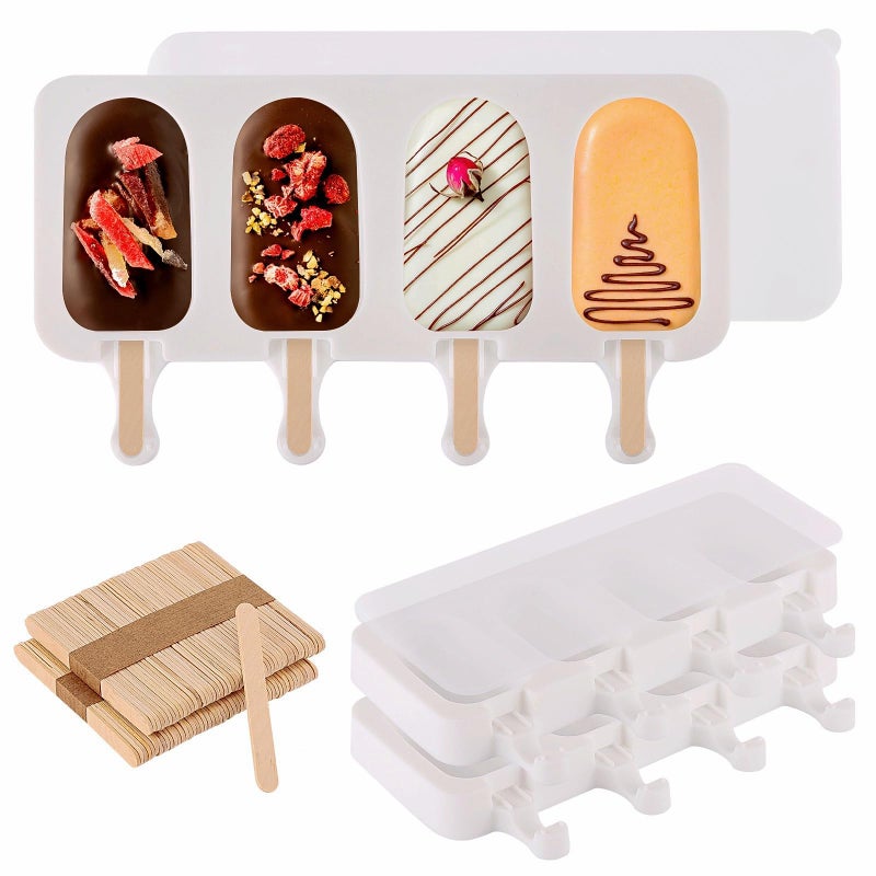 BTYMS 3 Set Popsicles Molds with Lids and 100 Pcs Wooden Popsicles Sticks, Standard Size 4 Cavities Silicone Ice Pop Molds for Making Cakesicles, Cake Pops, Ice Cream - BPA Free - Image 1