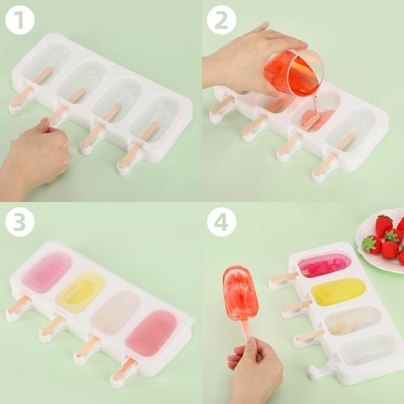 BTYMS 3 Set Popsicles Molds with Lids and 100 Pcs Wooden Popsicles Sticks, Standard Size 4 Cavities Silicone Ice Pop Molds for Making Cakesicles, Cake Pops, Ice Cream - BPA Free - Image 5