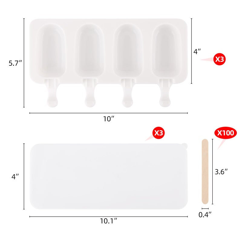 BTYMS 3 Set Popsicles Molds with Lids and 100 Pcs Wooden Popsicles Sticks, Standard Size 4 Cavities Silicone Ice Pop Molds for Making Cakesicles, Cake Pops, Ice Cream - BPA Free - Image 2
