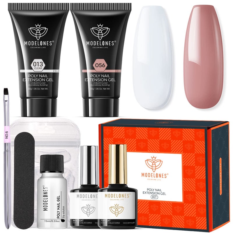 Modelones Poly Nail Gel Kit 30ml 2PCS Clear Brown Colors with Slip Solution Extension Builder Enhancement Professional Starter Kit Nail Technician Manicure DIY - Image 1