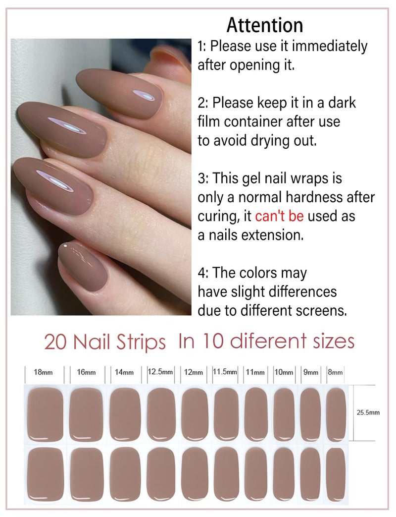 Wahrshei Semi Cured Gel Nail Strips, Jelly Brown 20pcs Adhesive UV Sticker, Wraps for Home Manicure DIY - Image 2
