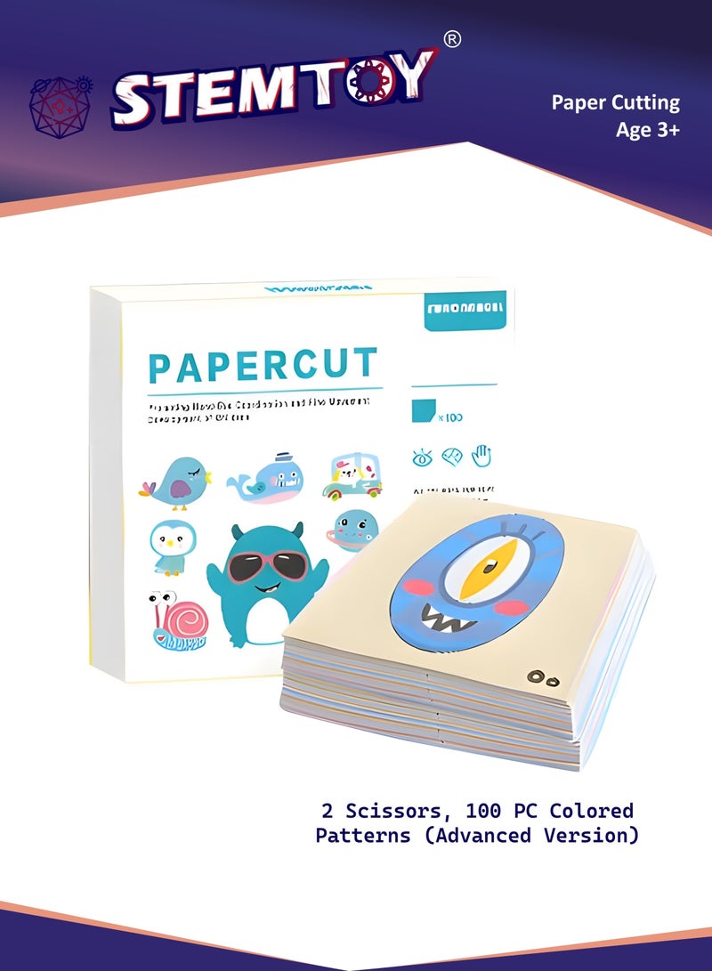 STEMTOY 100 Piece 15x15cm Paper Cutting Activity Set with 2 Pairs of Scissors, DIY Paper-Cutting Handmade Puzzle, Montessori Early Learning Educational Toy for Kindergarten & Preschool Kids, Boys, Girls, Ages 3+ (Advanced) - Image 1