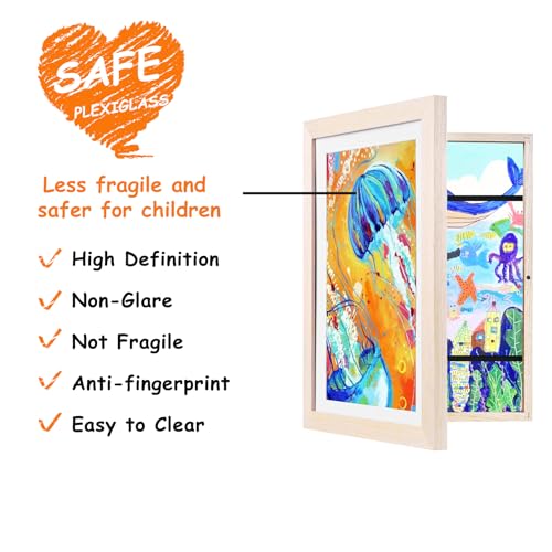 KINLINK 10x12.5 Kids Art Frames Set of 2, Solid Wood Kids Artwork Frames Changeable with Acrylic Front Opening Holds 150 Pictures, Art Frame for Kids Artwork with Mat or without Mat, Natural - Image 3