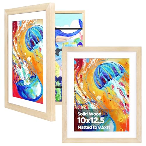 KINLINK 10x12.5 Kids Art Frames Set of 2, Solid Wood Kids Artwork Frames Changeable with Acrylic Front Opening Holds 150 Pictures, Art Frame for Kids Artwork with Mat or without Mat, Natural - Image 1