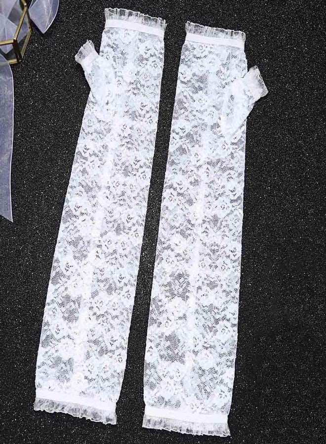 Unsutuo Fingerless Lace Gloves Long Wedding Floral Gloves Costume Flower Glove for Women and Girls (white, one size) - Image 2