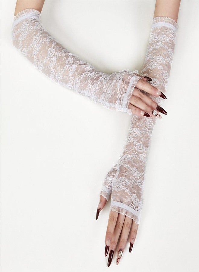 Unsutuo Fingerless Lace Gloves Long Wedding Floral Gloves Costume Flower Glove for Women and Girls (white, one size) - Image 3