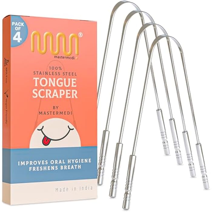 MasterMedi Tongue Cleaner Tongue Scraper Surgical Grade Stainless Steel Tongue Brush Dental Kit Professional Eliminate Bad Breath With Non-synthetic Grip (Family Pack (4 pcs) - Image 1