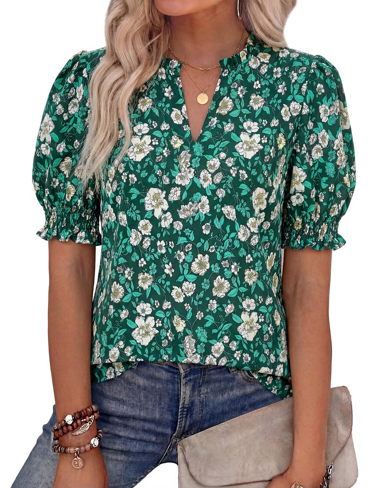 BTFBM Summer Blouses for Women Dressy Casual 2026 Fashion Spring Tops Floral Boho V Neck Puff Short Sleeve Top Shirts(Floral Dark Green, Large) - Image 1