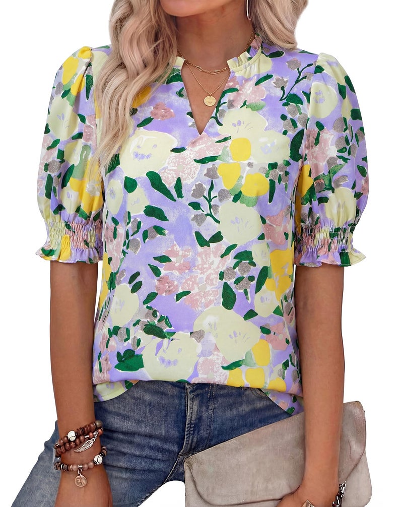 BTFBM Summer Blouses for Women Dressy Casual 2026 Fashion Spring Tops Floral Boho V Neck Puff Short Sleeve Top Shirts(Floral Dark Green, Large) - Image 2