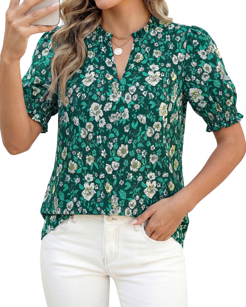 BTFBM Summer Blouses for Women Dressy Casual 2026 Fashion Spring Tops Floral Boho V Neck Puff Short Sleeve Top Shirts(Floral Dark Green, Large) - Image 3