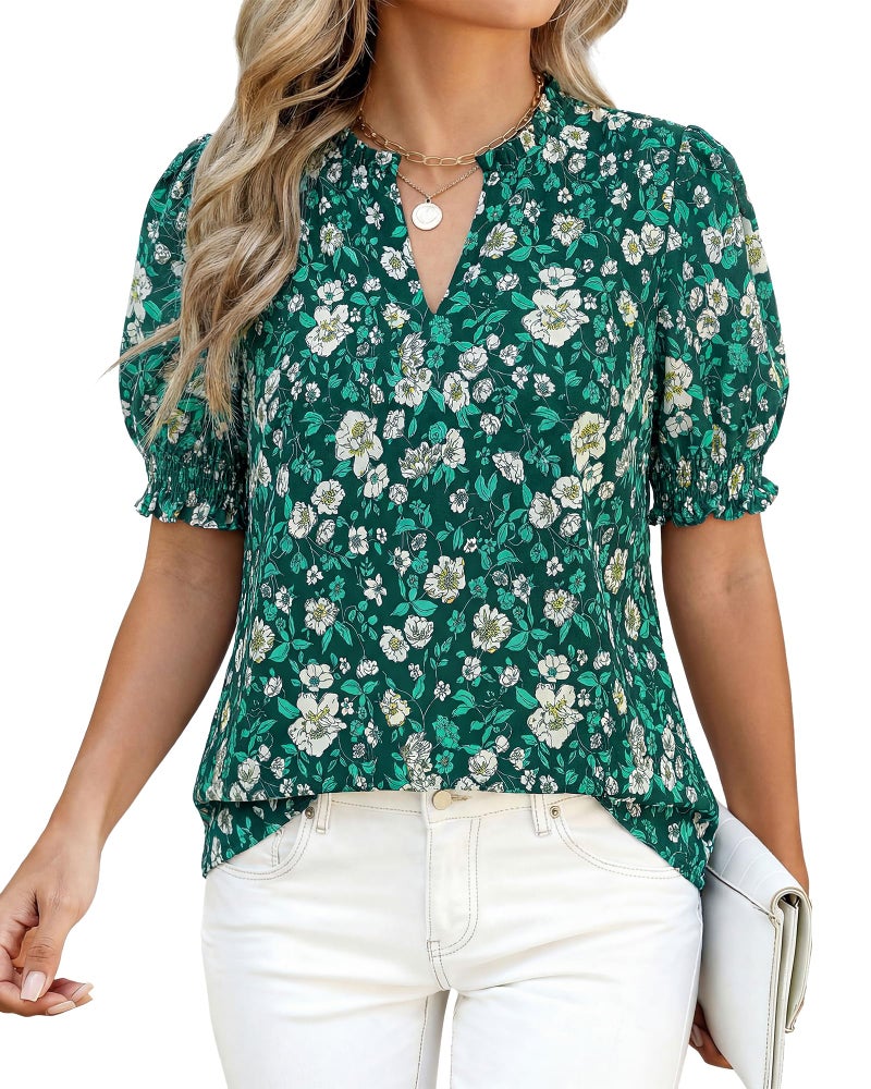 BTFBM Summer Blouses for Women Dressy Casual 2026 Fashion Spring Tops Floral Boho V Neck Puff Short Sleeve Top Shirts(Floral Dark Green, Large) - Image 4